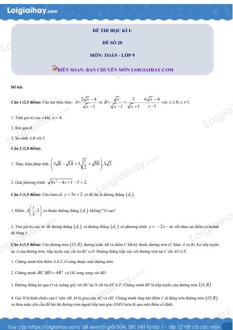 Đề số 20 - Đề kiểm tra học kì 1 - Toán 9